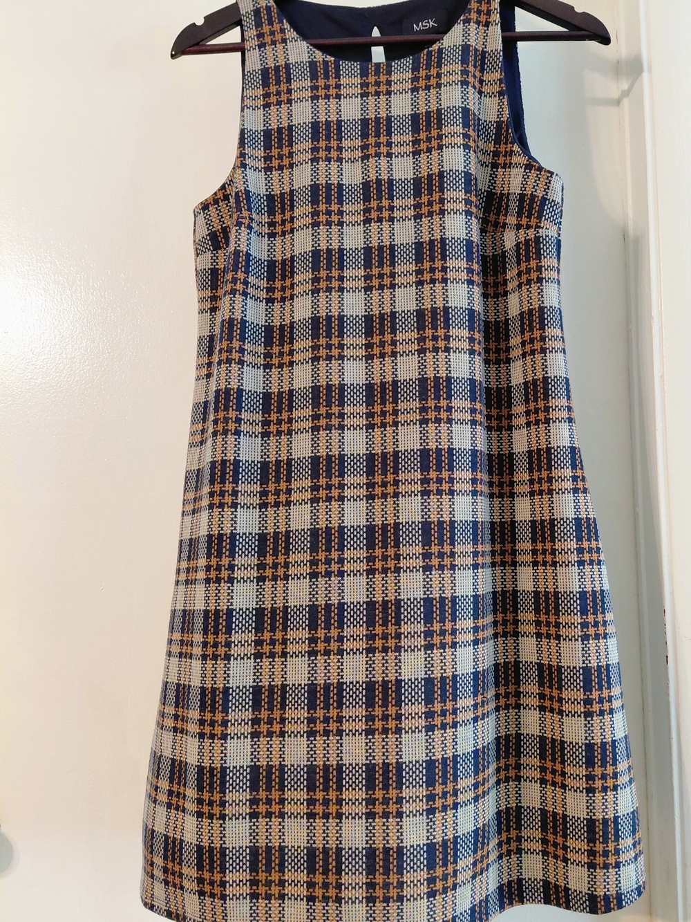 MSK Navy and Tan Plaid Sleeveless Shift Small